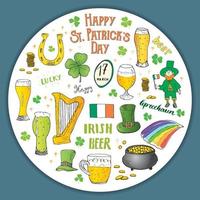 St Patricks Day hand drawn doodle set, with leprechaun, pot of gold coins, rainbow, beer, four leaf clover, horseshoe, celtic harp and flag of Ireland vector illustration