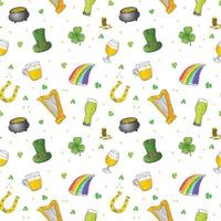 Día de San Patricio dibujado a mano doodle de patrones sin fisuras, con sombrero de duende, olla de monedas de oro, arco iris, cerveza, trébol de cuatro hojas, herradura, fondo de ilustración de vector de arpa celta