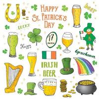 St Patricks Day hand drawn doodle icons set, with leprechaun, pot of gold coins, rainbow, beer, four leef clover, horseshoe, celtic harp and flag of Ireland vector illustration.