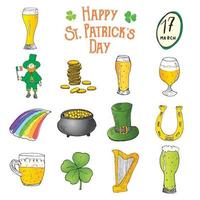 St Patricks Day hand drawn doodle set, with leprechaun, pot of gold coins, rainbow, beer, four leaf clover, horseshoe, celtic harp and flag of Ireland vector illustration