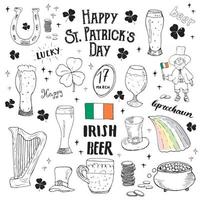 St Patricks Day hand drawn doodle set, with leprechaun, pot of gold coins, rainbow, beer, four leaf clover, horseshoe, celtic harp and flag of Ireland vector illustration