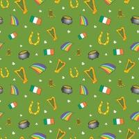 St Patrick's Day hand drawn doodle Seamless pattern, with leprechaun hat, pot of gold coins, rainbow, beer, four leaf clover, horseshoe, celtic harp vector illustration background