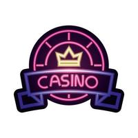 casino chip with crown gambling glowing neon sign vector