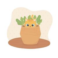 pet cat in wicker basket plants cartoon vector