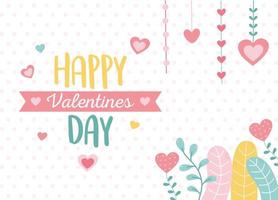 happy valentines day, greeting card hearts foliage decoration dots background vector