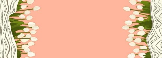 Vector outline spring concept. Bouquet of white tulips on isolated pink peach background with copy space for holiday, postcard, March 8, mother's day. Banner. Flat lay, top view with plaid
