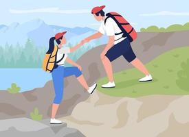 Teamwork in mountain climbing flat color vector illustration