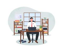 Businessman at computer after workout 2D vector web banner