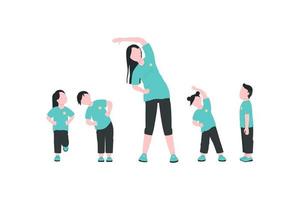 Teacher with children exercising flat color vector faceless characters