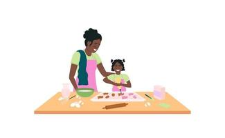 Madre e hija afroamericana horneando galletas de pascua color plano vector de carácter detallado