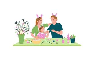 familia feliz decorando huevos de pascua color plano vector carácter detallado