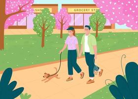 Couple walk in spring flat color vector illustration