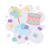 tambor elefante caballo palo bloques dibujos animados niños juguetes vector
