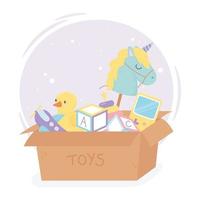 caja llena con caballo, pato, avión, bloques, dibujos animados, juguetes para niños vector