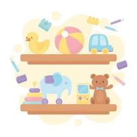 wooden shelves with bear ball duck car elephant pencils cartoon kids toys vector