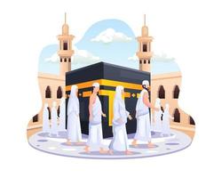 peregrinación islámica hajj. la gente camina alrededor de la ilustración de vector de kaaba