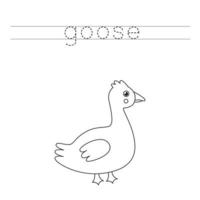 Tracing letters with black and white goose. Writing practice for kids. vector