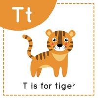 aprender el alfabeto inglés para niños. letra t. tigre de dibujos animados lindo. vector