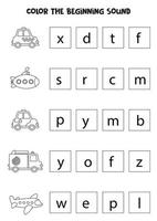 Learning English language for children. Color the beginning sound. vector