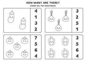 Counting game with cute kawaii vegetables. Math worksheet. vector