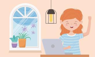 quedarse en casa cuarentena, mujer feliz trabajando con laptop, plantas de ventana vector