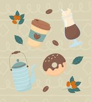 la hora del café, para llevar taza de café donut tetera bebida fresca vector