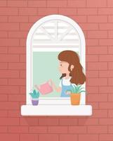quedarse en casa en cuarentena, mujer en la ventana regando plantas en macetas vector