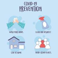 covid 19 pandemic infographic, tips prevention, stay at home, washing hands, clean and disinfect vector