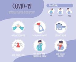 covid 19 pandemic infographic, people with symptoms and prevention outbreak coronavirus disease vector