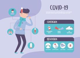 infografía de pandemia de covid 19, brote de coronavirus, elementos de prevención y contagio vector