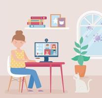 meeting online, woman with computer teleconference for work from home vector