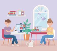 meeting online, man and woman with laptop working virtual, stay at home vector