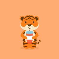 tigre lindo beber café de dibujos animados vector