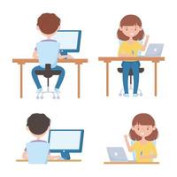 education online boy and girl students with laptop computer in virtual class desk vector