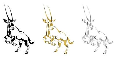 La ilustración vectorial de tres colores negro dorado plateado de un gemsbok que levanta dos patas delanteras para prepararse para correr se ve fuerte y poderoso, adecuado para usar en logotipos o decoraciones vector