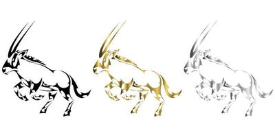 La ilustración vectorial de tres colores negro dorado plateado de un gemsbok que levanta dos patas delanteras para prepararse para correr se ve fuerte y poderoso, adecuado para usar en logotipos o decoraciones vector