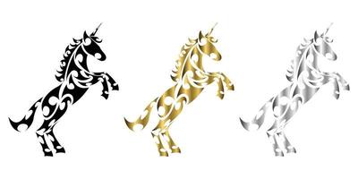 vector de arte de línea de tres colores negro oro plata de unicornio con patas delanteras levantadas adecuadas para usar como decoración o logotipo