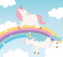 unicorns rainbow clouds imagination magical fantasy cartoon cute animal vector