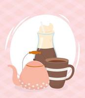 la hora del café, tetera de café moka y taza de café bebida fresca vector