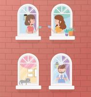 stay home quarantine, building with windows, various people in their apartment vector