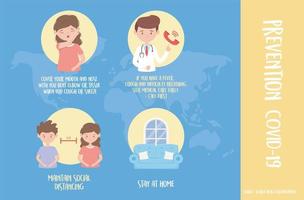 covid 19 pandemic prevention, infographic showing coronavirus symptoms and risk factors vector