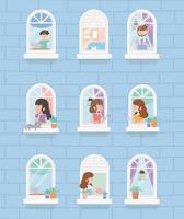 stay home quarantine, building window, people doing different activities at home vector