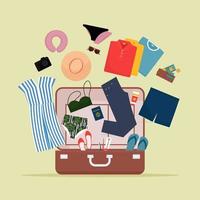 Open baggage with clothes and travel objects vector