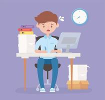 worried employee in desk office with computer of papers and clock stress vector