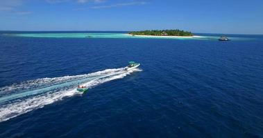 Vista aérea de un hombre y una mujer en un tubo inflable remolcando detrás de un bote a una isla tropical. video