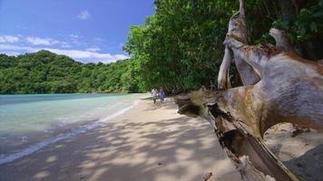 um casal caminha na praia de uma cênica ilha tropical em Fiji.
