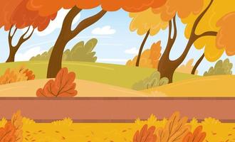 A bright autumn city park with a walking path among trees and bushes. Vector background with fallen leaves