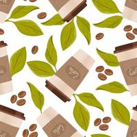 Seamless pattern paper cup of coffee and roasted grains, decorated with juicy leaves. Hand drawn vector background