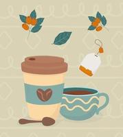 la hora del café, para llevar taza de café cuchara bolsa de té frijoles bebida fresca vector