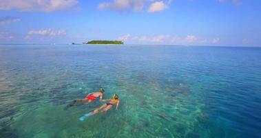 Aerial drone view of a man and woman couple snorkeling over the coral reef of a tropical island. video